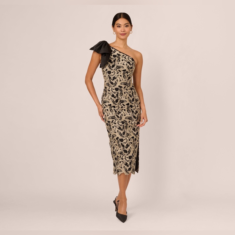 Adrianna Papell METALLIC LEAF LACE DRESS BLACK GOLD size 6 Holiday-Wedding Party